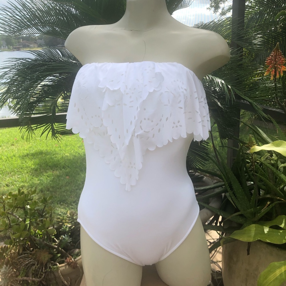 Women’s White Bandeau with Laser Cut Flounce